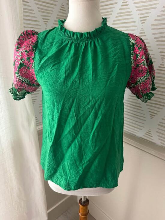 THML Tops - THML Womenms XS Green Mock Neck Blouse Top with Pink Embroidered Puff Sleeves